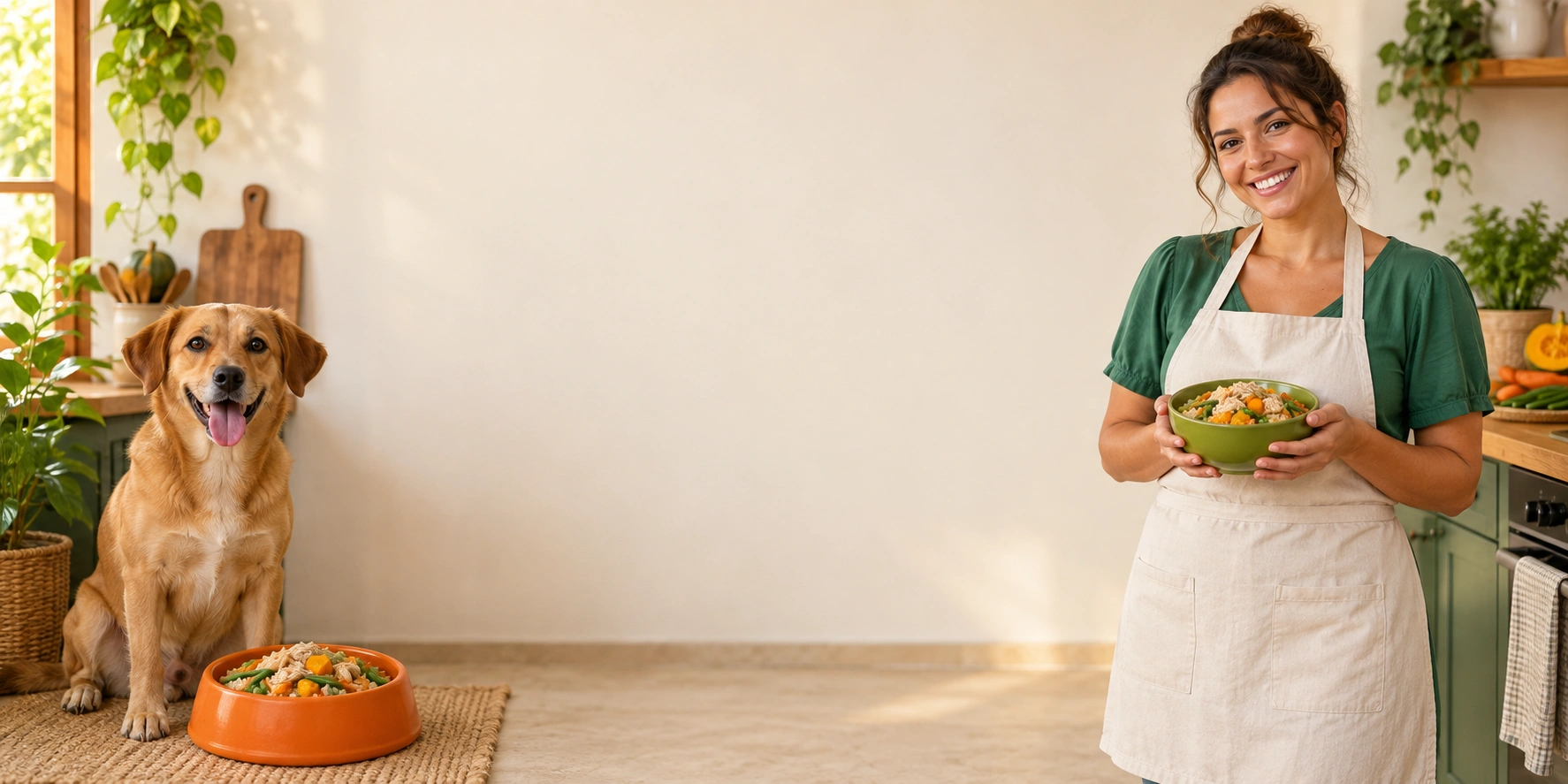 Cão caramelo e tutora na cozinha com comida natural