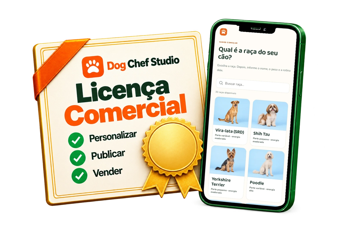 Certificado de licença comercial do Dog Chef Studio ao lado do aplicativo no celular
