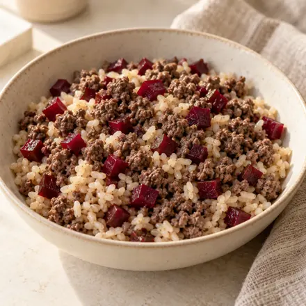 Carne com arroz integral e beterraba