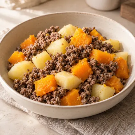 Carne com batata e abóbora