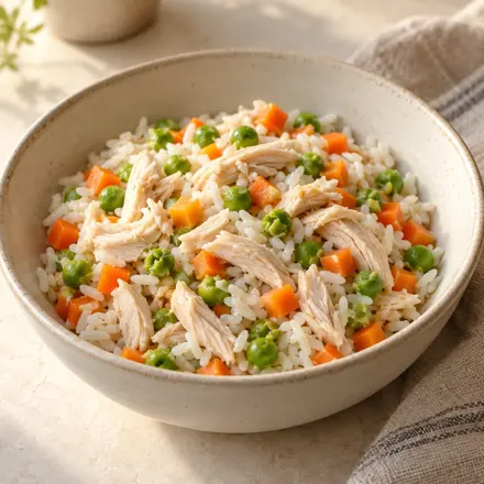 Frango com arroz e legumes miúdos Frango com arroz e legumes miúdos