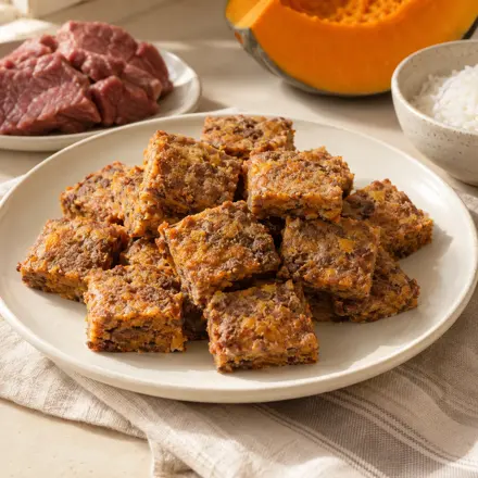 Quadradinhos de carne e abóbora Quadradinhos de carne e abóbora