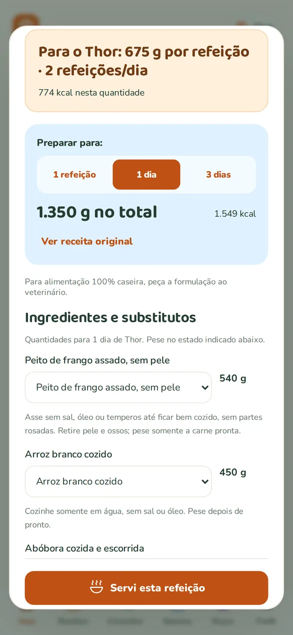 Tela do aplicativo: Ingredientes para 1 dia