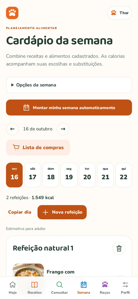 Tela real: cardápio da semana
