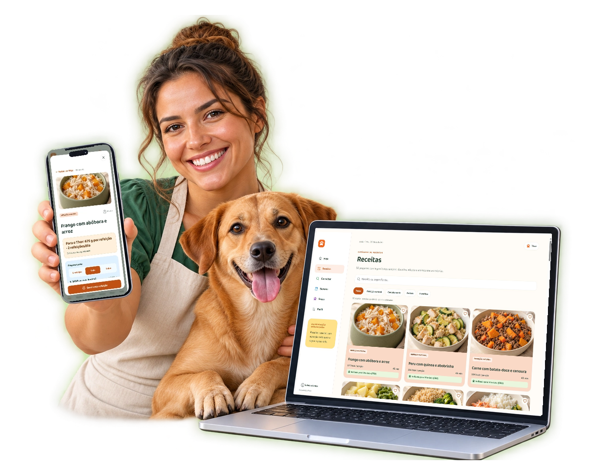 Tutora com o cão caramelo usando o Dog Chef Studio no celular e no notebook